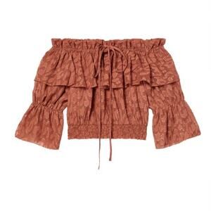 Y2K Prairie Blouse Jacquard Flirty Cold Shoulder Flowy Boho Summer Cottage 4us